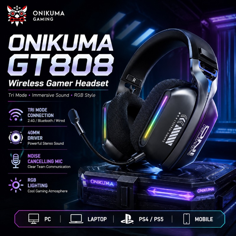 Pc Gaming Earbuds - ONIKUMA GT808 Headset Gaming Nirkabel Tri
