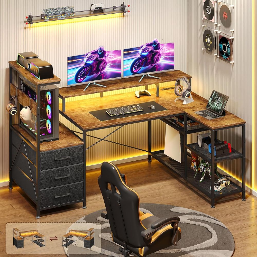 Monitor Stand - Meja Gaming Bentuk L dengan Laci,